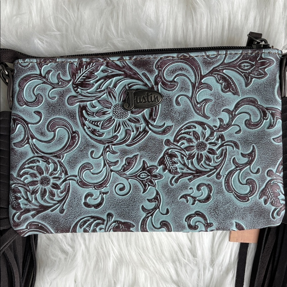 🆕 JUSTIN WOMEN'S CROSSBODY BAG TURQUOISE TOOLED SUNFLOWER PATTERN FRINGE - Picture 4 of 11